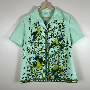 Vintage Women's L Blouse Mint Green Bird Tree Short Sleeve Retro Old Money